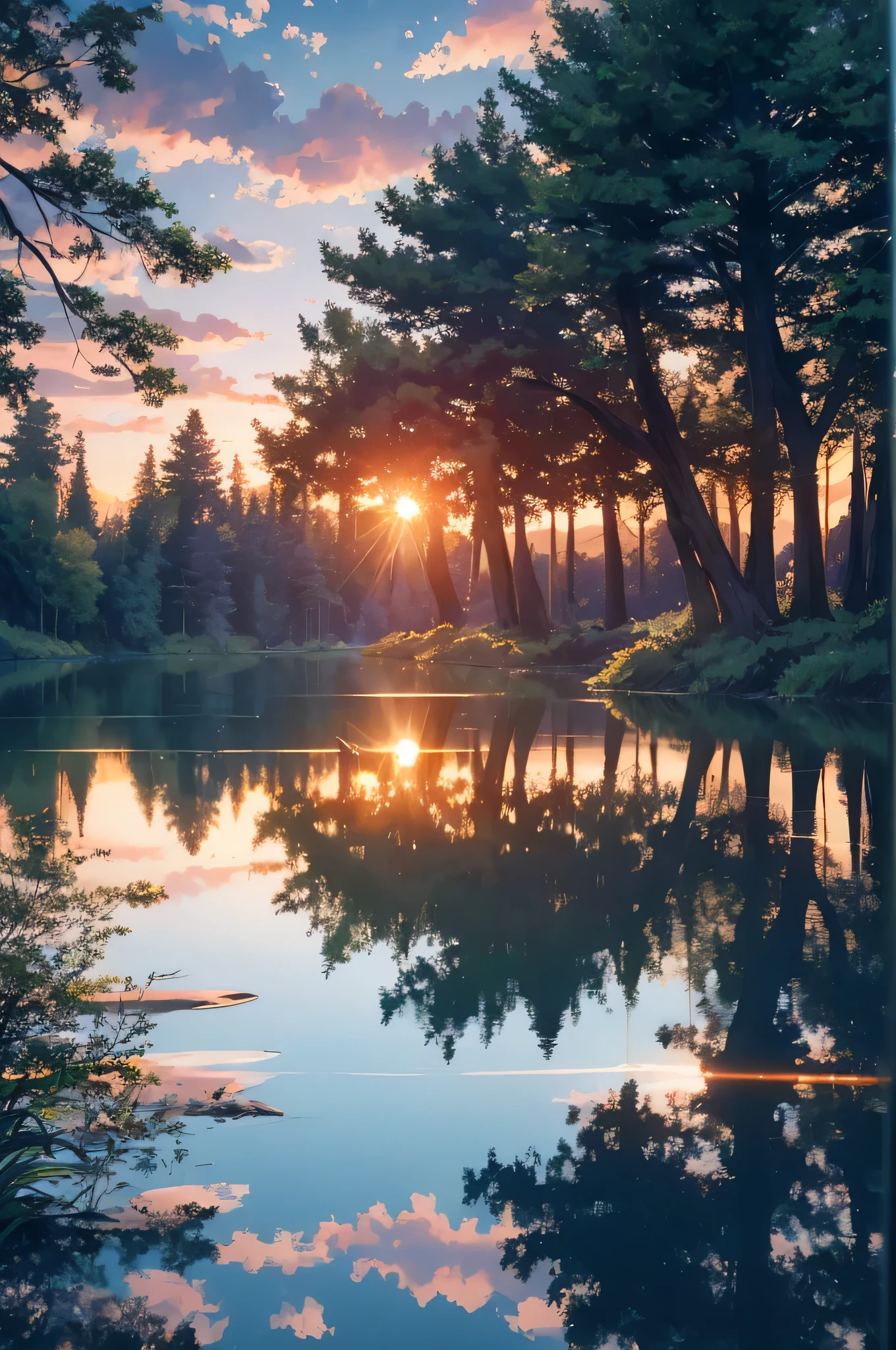 Wallpaper, summer, lake, dawn, forest, clouds, dawn background, depth of field, HD detail, hyperdetail, cinematic, soft light, deep field focus bokeh, ray tracing, diffuse (ultra-fine glass reflection) and realism. --v6