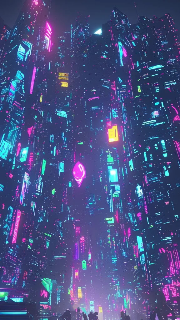 Ciudad futurista de estilo cyberpunk, edificios iluminados con luces de neon, de noche 