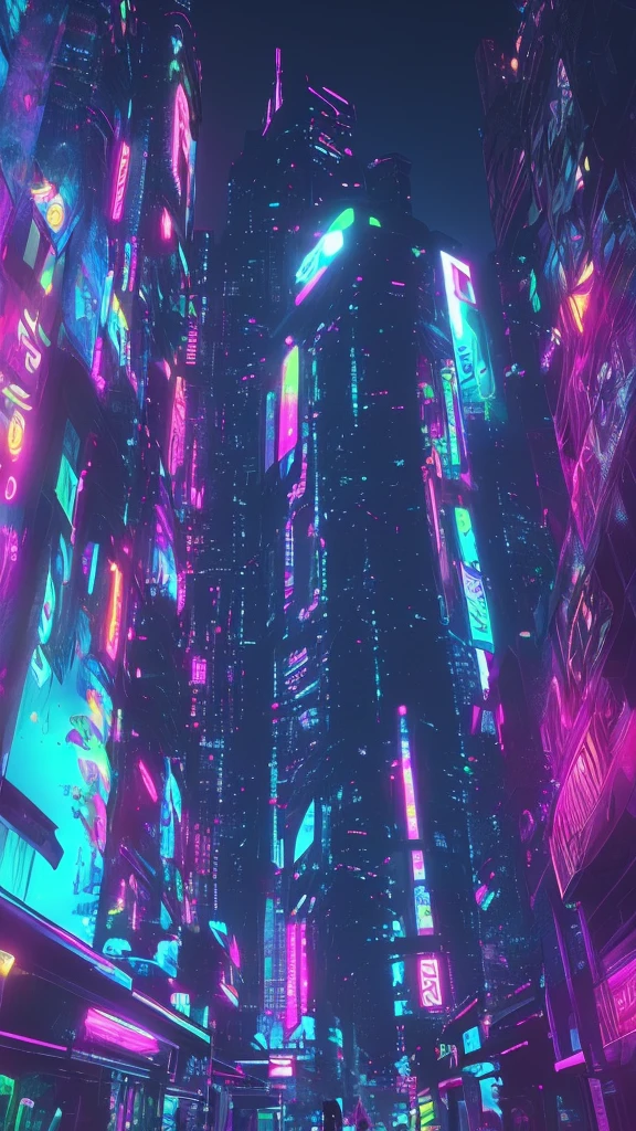 Ciudad futurista de estilo cyberpunk, edificios iluminados con luces de neon, de noche