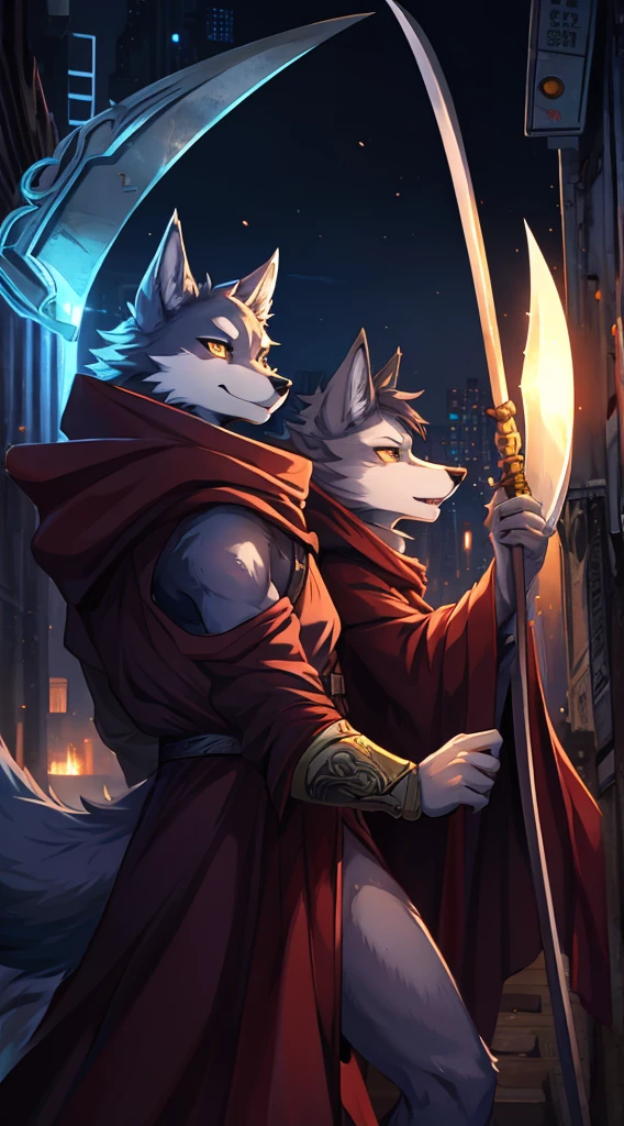 Anime style illustration of wolf in cloak and scythe, Anthropomorphic cyberpunk fox, dark fox mage, mysterious art style, Starting from the night of the ark, Folsom Arts, Very, Very beautiful furry art, drawn in mystical style, Duel style, high resolution committee, official character art, zerochan art