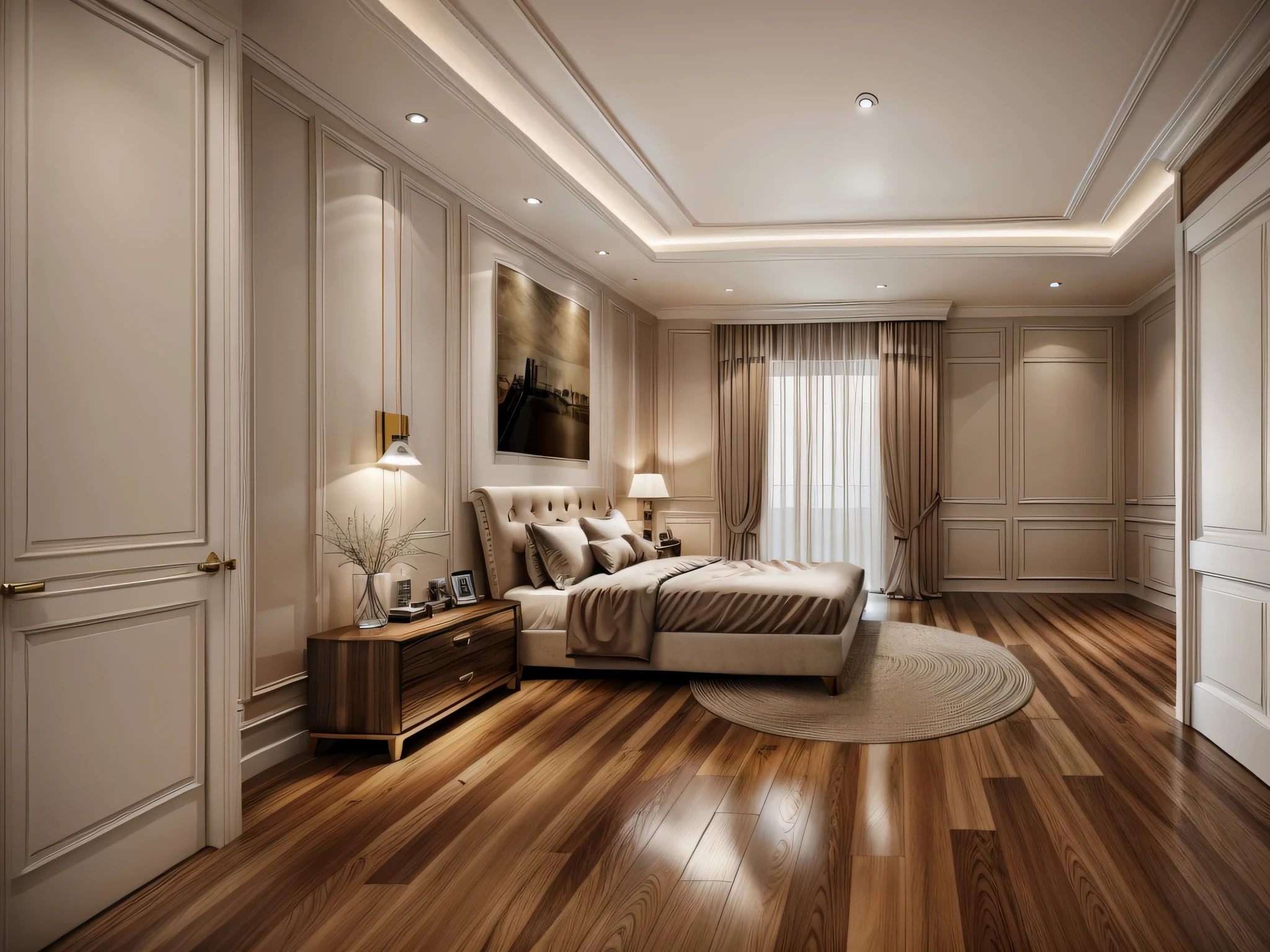 Create a neoclassical-style bedroom with a brown wooden floor, cream-colored curtains, a white door, and super sharp photos that exude elegance.