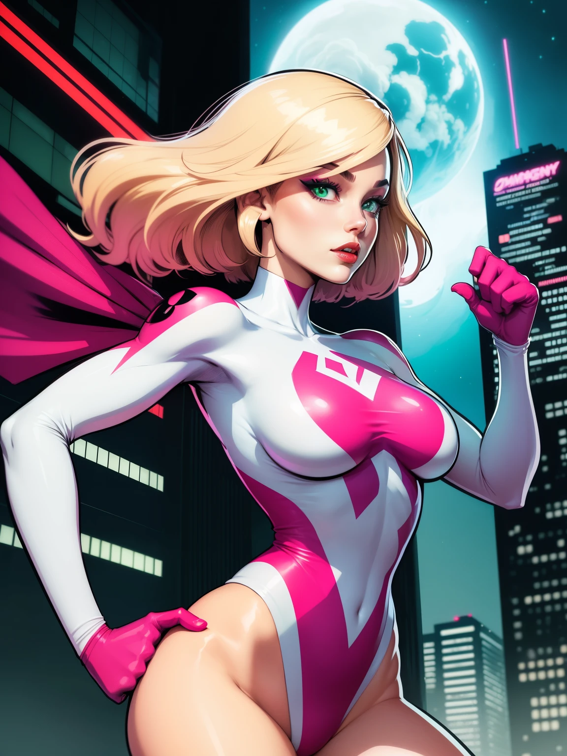 (((A comic style, cartoon art))). A comic-style image of Spider-Gwen, with her as the central figure. She is standing with her hands on her hips, looking straight ahead with determination. She wears a white and pink costume, with a white and pink mask. Hot body, camel toes. She has short, straight blonde hair, green eyes and red lips. She is surrounded by a night city, with skyscrapers, bridges and lights. She has a determined and confident expression, as if she is ready to fight crime.