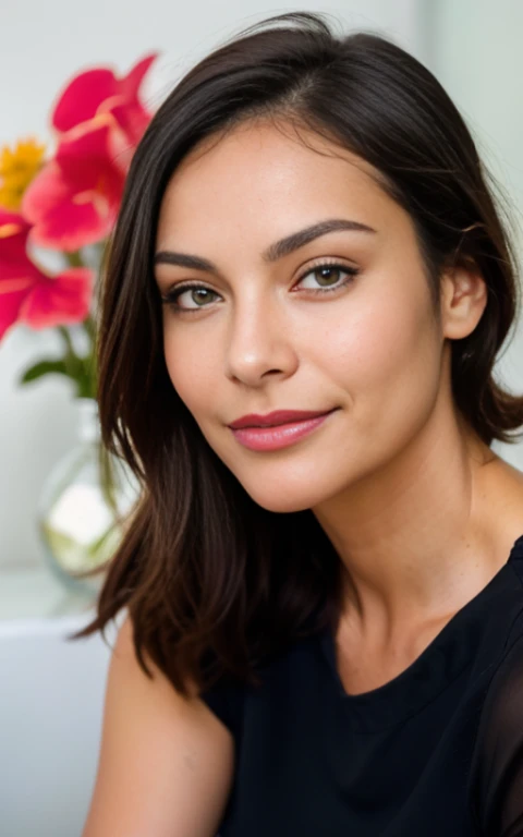 Beautiful brunette in a red summer short light dress,  (nail care in a modern beauty salon), very detailed, 48 years old, innocent face, slim, natural straight black hair, Brown eyes, a high resolution, masterpiece, Best quality, complex parts, very detailed, Sharp Focus, Detailed skin, realistic skin texture, texture, Detailed eyes, professional, 4K, Charming smile, shot on Canon, 85 mm, Shallow depth of field, Kodak Vision Color, perfectly toned body, extremely detailed, photor_\(ultra\), photorealistic, Realistic, Treatment after, Maximum details, roughness, real life, ultra realist, photorealism, photo, 8k contract, photo