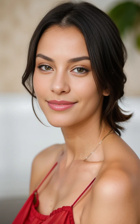 Beautiful brunette in a red summer short light dress, (nail care in a modern beauty salon), very detailed, 48 years old, innocent face, slim, natural straight black hair, Brown eyes, a high resolution, masterpiece, Best quality, complex parts, very detailed, Sharp Focus, Detailed skin, realistic skin texture, texture, Detailed eyes, professional, 4K, Charming smile, shot on Canon, 85 mm, Shallow depth of field, Kodak Vision Color, perfectly toned body, extremely detailed, photor_\(ultra\), photorealistic, Realistic, Treatment after, Maximum details, roughness, real life, ultra realist, photorealism, photo, 8k contract, photo