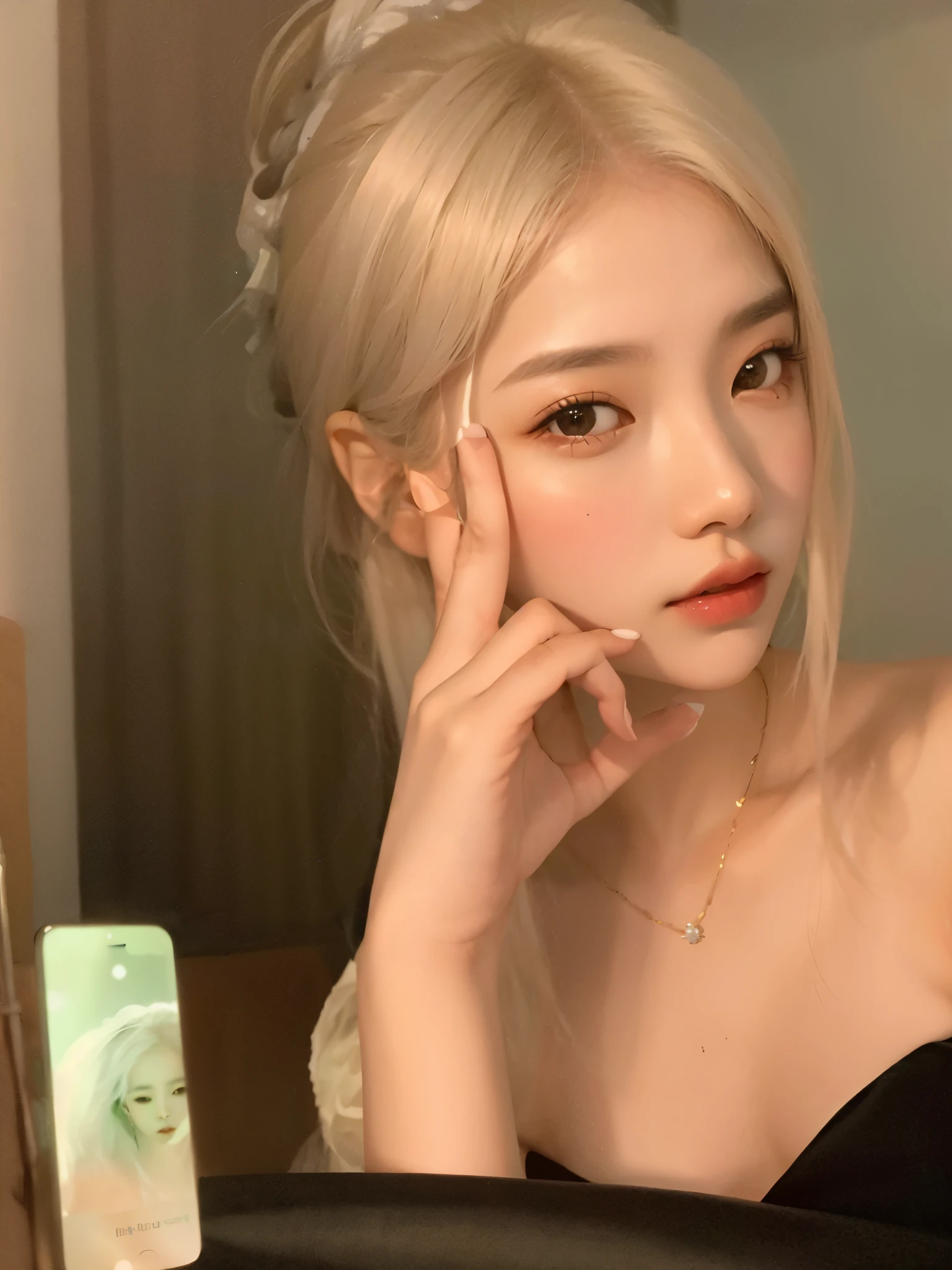 mulher loira com um celular na frente de um espelho, fair and pale skin!!, Bela Delfina, coreana, Ulzzang, sakimichan, cl, fera, Heonhwa Choe, taken at the beginning of 2020, pale porcelain white skin, linda jovem coreana, shikami
