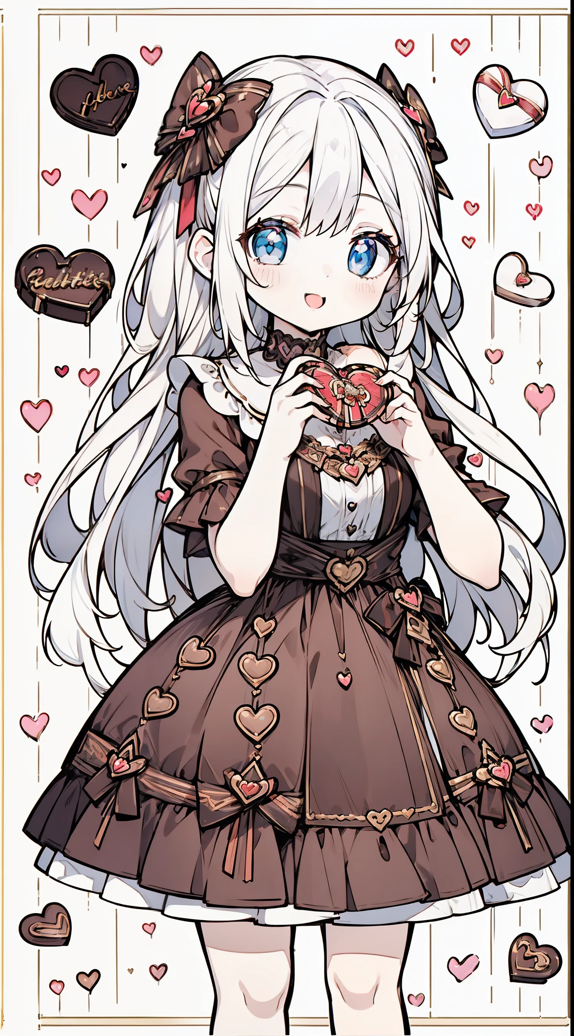 (((32k))), (16k), (8k), (4k), (((32k heart background))), (((Pretty girl))), (((cute girl))), (beautiful quality eyes), (cute smile), (((dress))), (valentine), ((holding heart chocolate)),