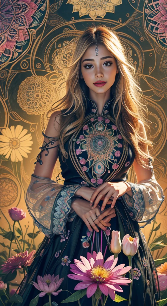 official art, unity 8k wallpaper, ultra detailed, beautiful and aesthetic, beautiful, masterpiece, best quality, (zentangle, mandala, tangle, entangle), (ecstasy of flower:1.2), dynamic angle, cowboyshot, the most beautiful form of chaos, elegant, a brutalist designed, vivid colours, romanticism, atmospheric, warm smile, bright eyes detailed eyes
