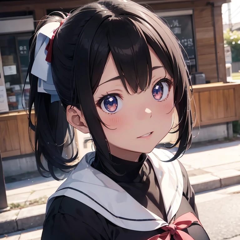 雪の街で写真を撮るuniformを着たアニメの女の子, beautiful anime high school girl, surreal , Detailed portrait of anime girl, High-definition official artwork, surreal , Realistic Female Proofreading, 、uniform、black hair ponytail,blush,(from behaind)