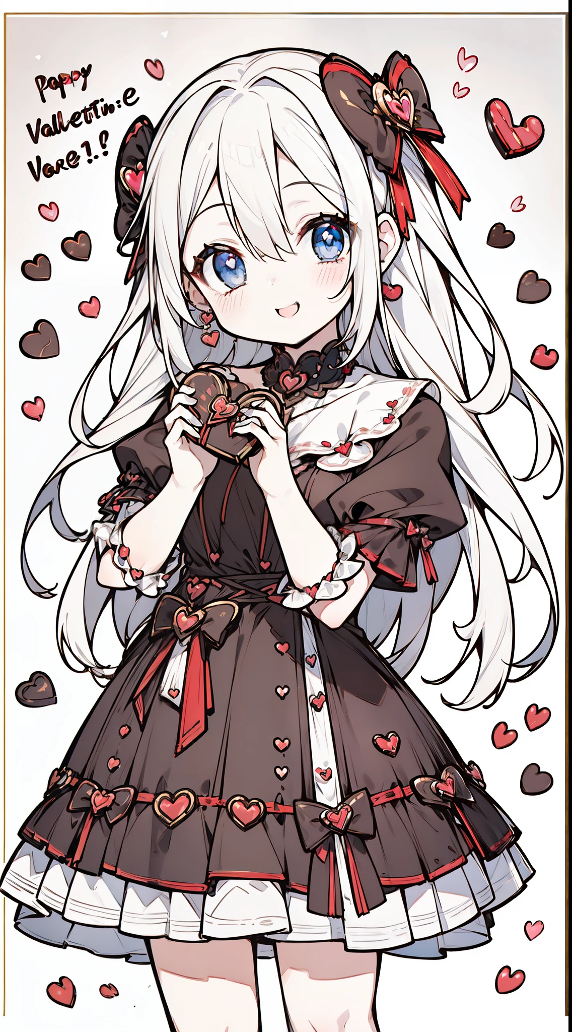 (((32k))), (16k), (8k), (4k), (((32k heart background))), (((Pretty girl))), (((cute girl))), (beautiful quality eyes), (cute smile), (((dress))), (valentine), ((holding heart chocolate)),