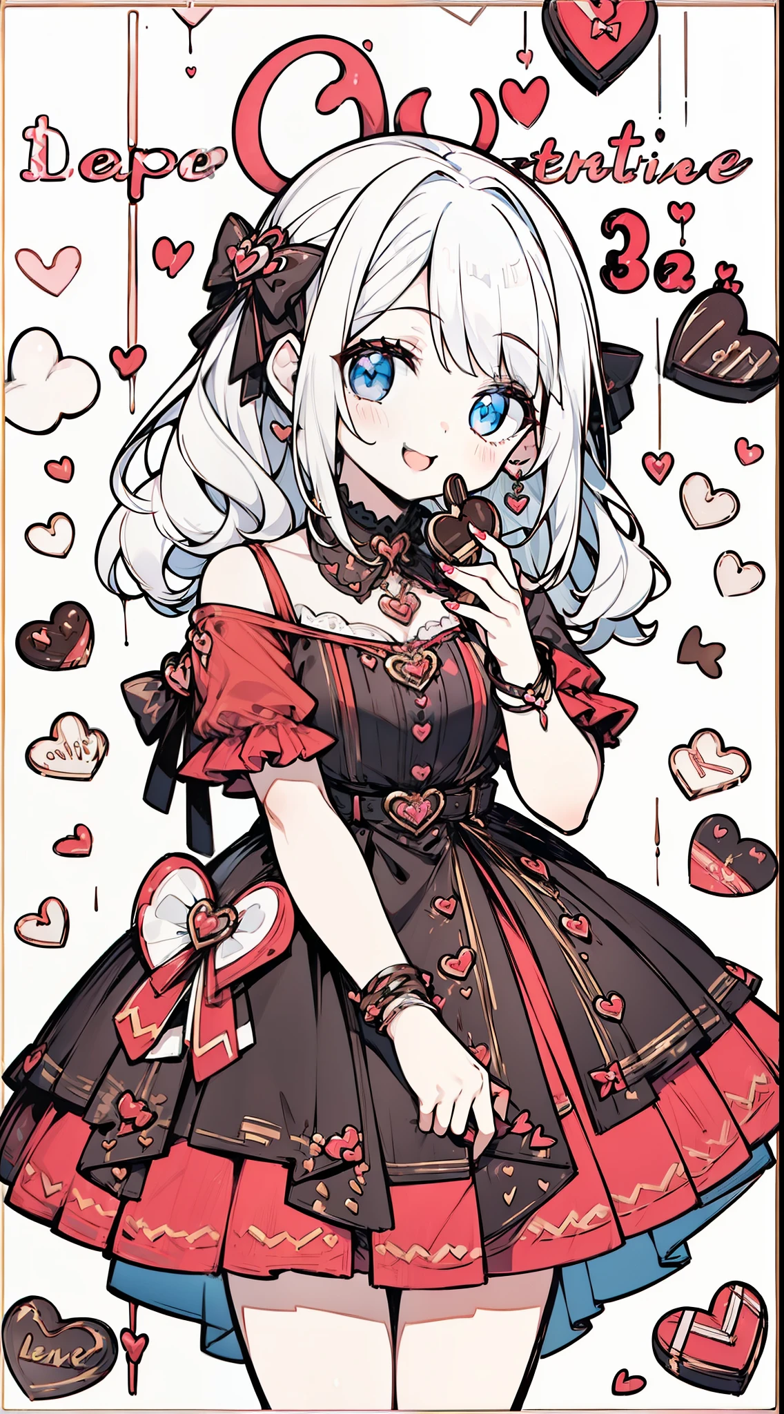 (((32k))), (16k), (8k), (4k), (((32k heart background))), (((Pretty girl))), (((cute girl))), (beautiful quality eyes), (cute smile), (((dress))), (valentine), ((holding heart chocolate)), 