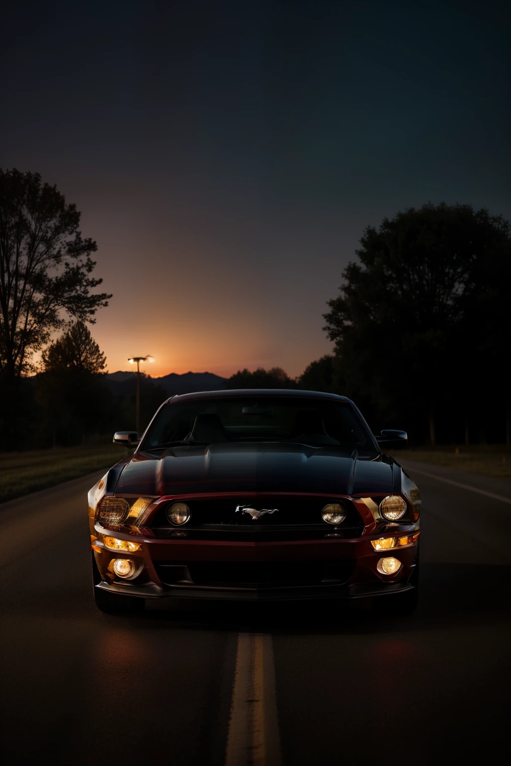 Classic red Mustang, night, parkinglot:
An iconic red Mustang, glistening under the cover of night, sits proudly in the dimly lit parking lot. Its classic body, with sharp lines and powerful curves, exudes an aura of raw power and timeless appeal. The Mustang's headlights pierce the darkness, casting a warm, inviting glow on its sleek exterior. In the background, the silhouettes of tall trees and the occasional streetlight add to the atmospheric setting. This stunning, high-quality image captures the essence of the Mustang's enduring legacy and the allure of the open road waiting just beyond the parking lot.