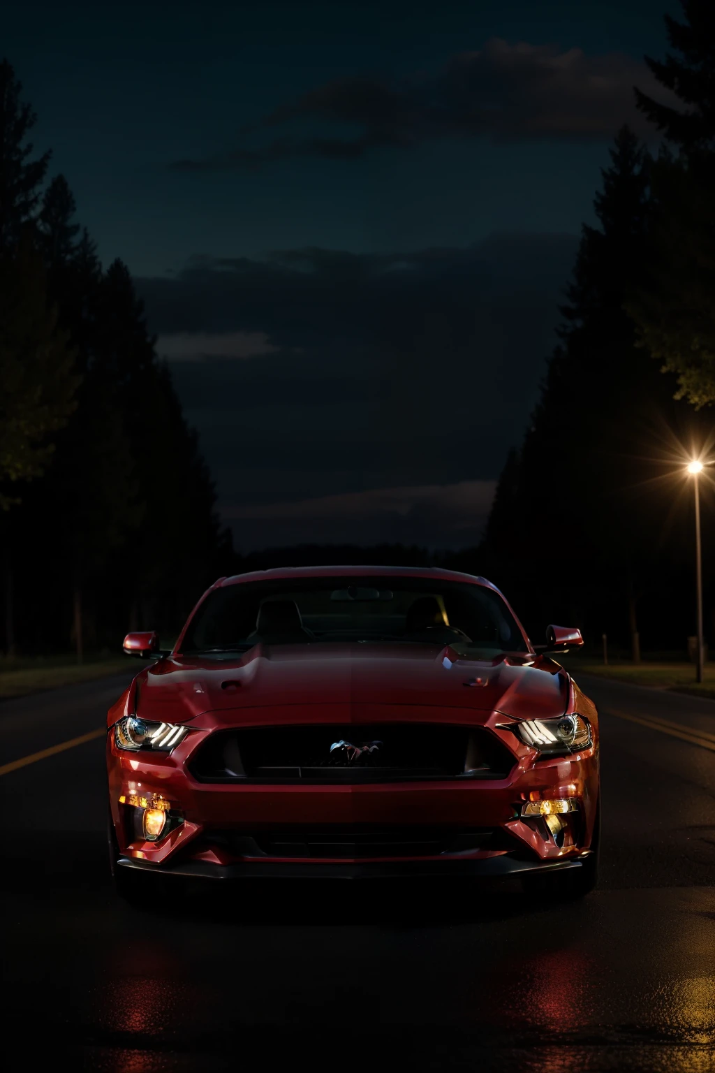 Classic red Mustang, night, parkinglot:
An iconic red Mustang, glistening under the cover of night, sits proudly in the dimly lit parking lot. Its classic body, with sharp lines and powerful curves, exudes an aura of raw power and timeless appeal. The Mustang's headlights pierce the darkness, casting a warm, inviting glow on its sleek exterior. In the background, the silhouettes of tall trees and the occasional streetlight add to the atmospheric setting. This stunning, high-quality image captures the essence of the Mustang's enduring legacy and the allure of the open road waiting just beyond the parking lot.