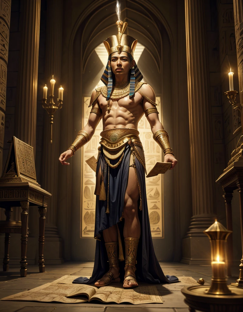 Masterpiece, Best quality, last natural Pharaoh of Egypt, Nectanebo II, wearing the pschent, double crown of Egypt, famed magician and astrologist, standing over a map and the battle field with Achaemenid Empire under Artaxerxes III, large stone room, lit by Oil lamps