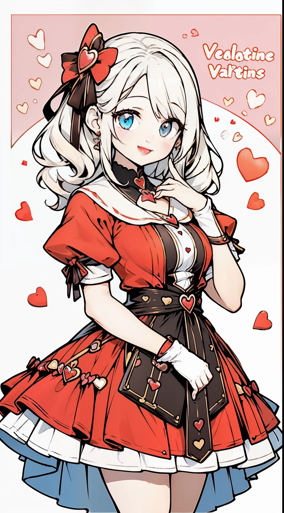 (((32k))), (16k), (8k), (4k), (((32k heart background))), (((Pretty girl))), (((cute girl))), (beautiful quality eyes), (cute smile), (((dress))), (valentine), ((holding heart chocolate)),