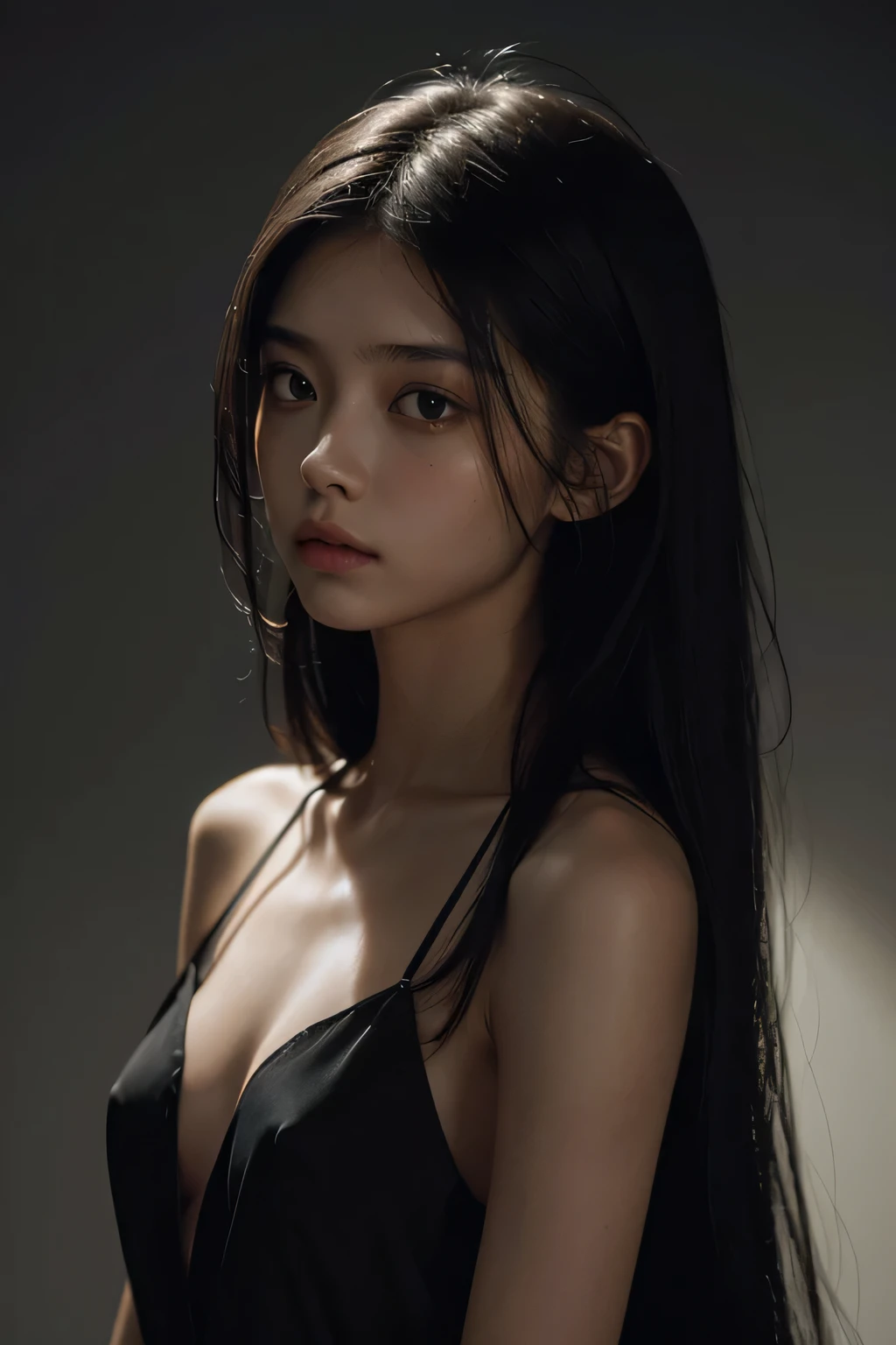 a 20 yo woman,long hair,dark theme, soothing tones, muted colors, high contrast, (natural skin texture, hyperrealism, soft light, sharp),