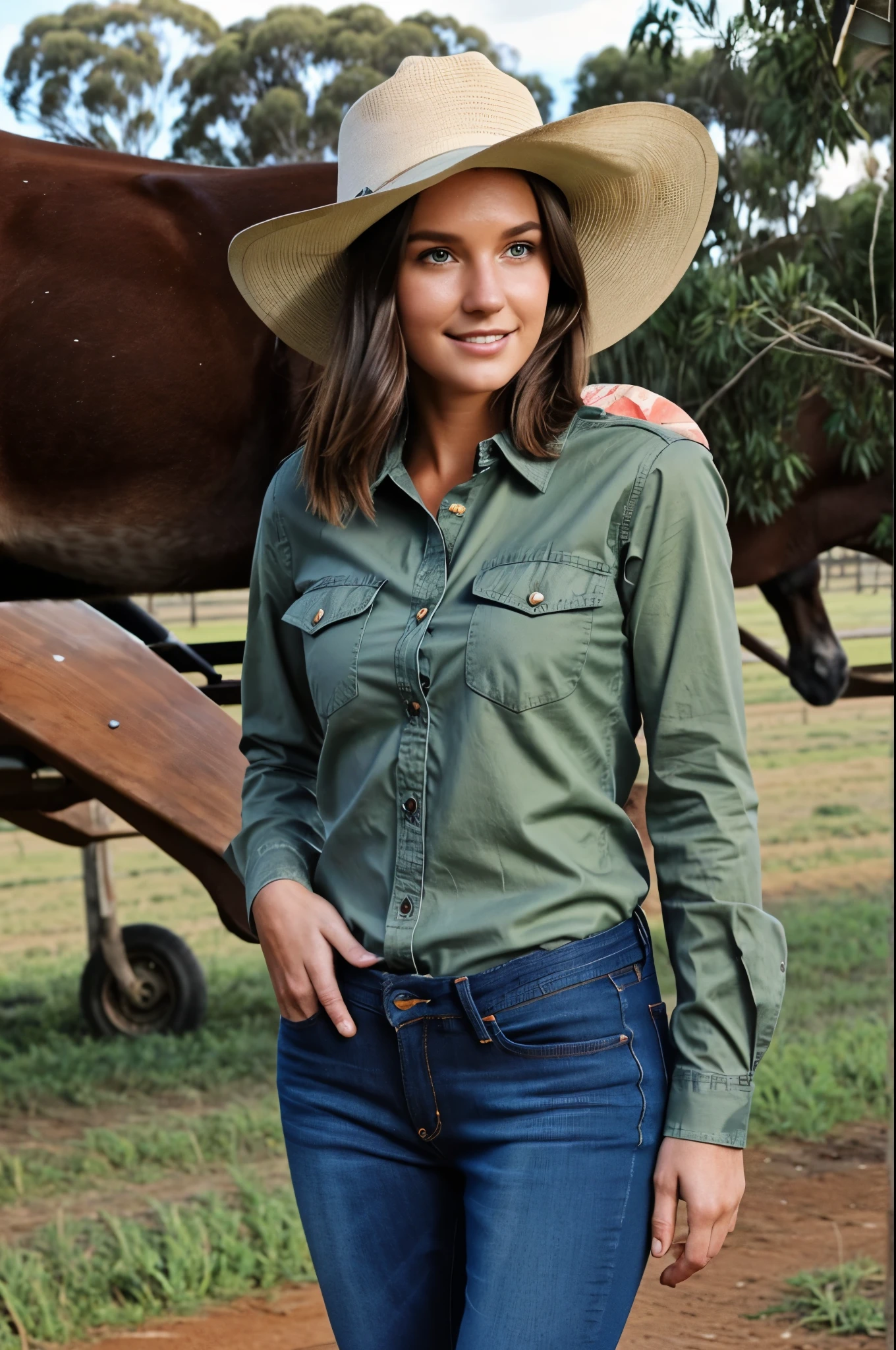 beautiful Australian farmer woman brown hair shoulder length, wearing boots, jeans, Australia outback hat, long sleeve pearl snap shirt. taking care of horse