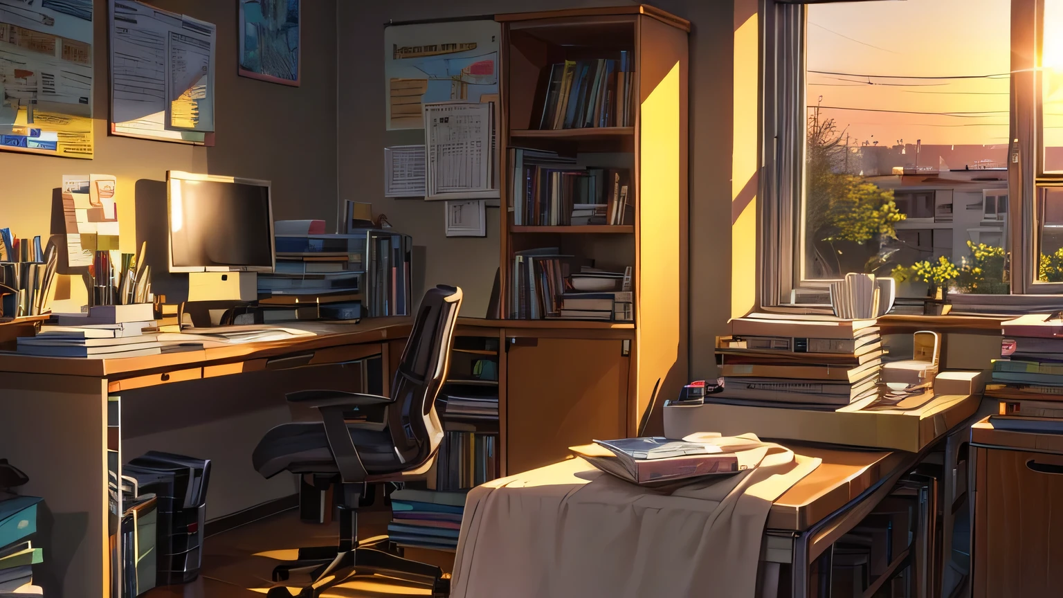 As the sun sets outside, a casa'The workroom is bathed in heat, tons dourados. A minimalist desk holds a laptop surrounded by notebooks and pens. The coffee on the table reflects the warm colors of the setting sun. Uma brisa suave entra por uma janela aberta, bringing with it the calming melodies of lo-fi music.