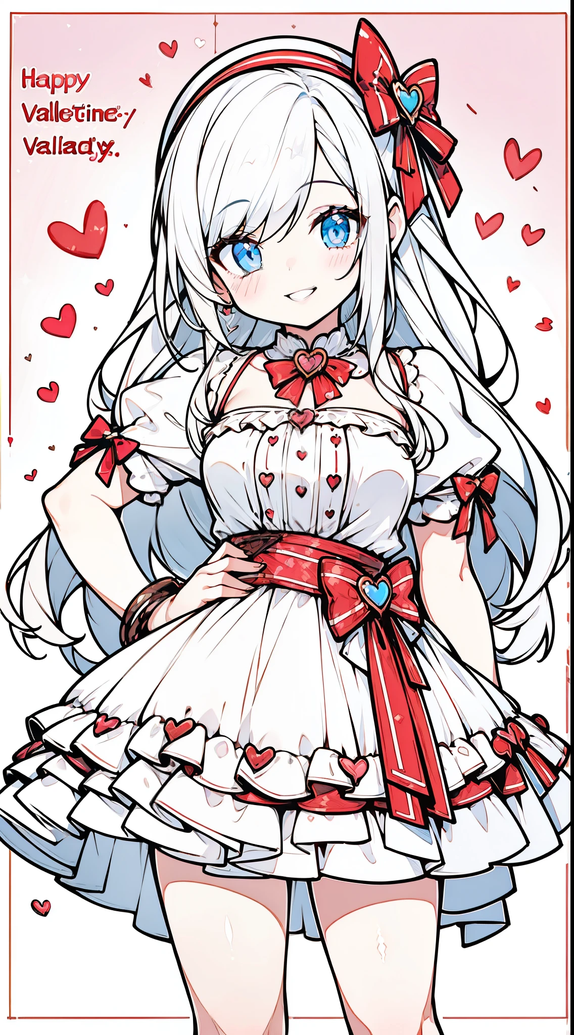 (((32k))), (16k), (8k), (4k), (((32k heart background))), (((Pretty girl))), (((cute girl))), (beautiful quality eyes), (cute smile), (((dress))), (valentine), ((holding heart chocolate)),