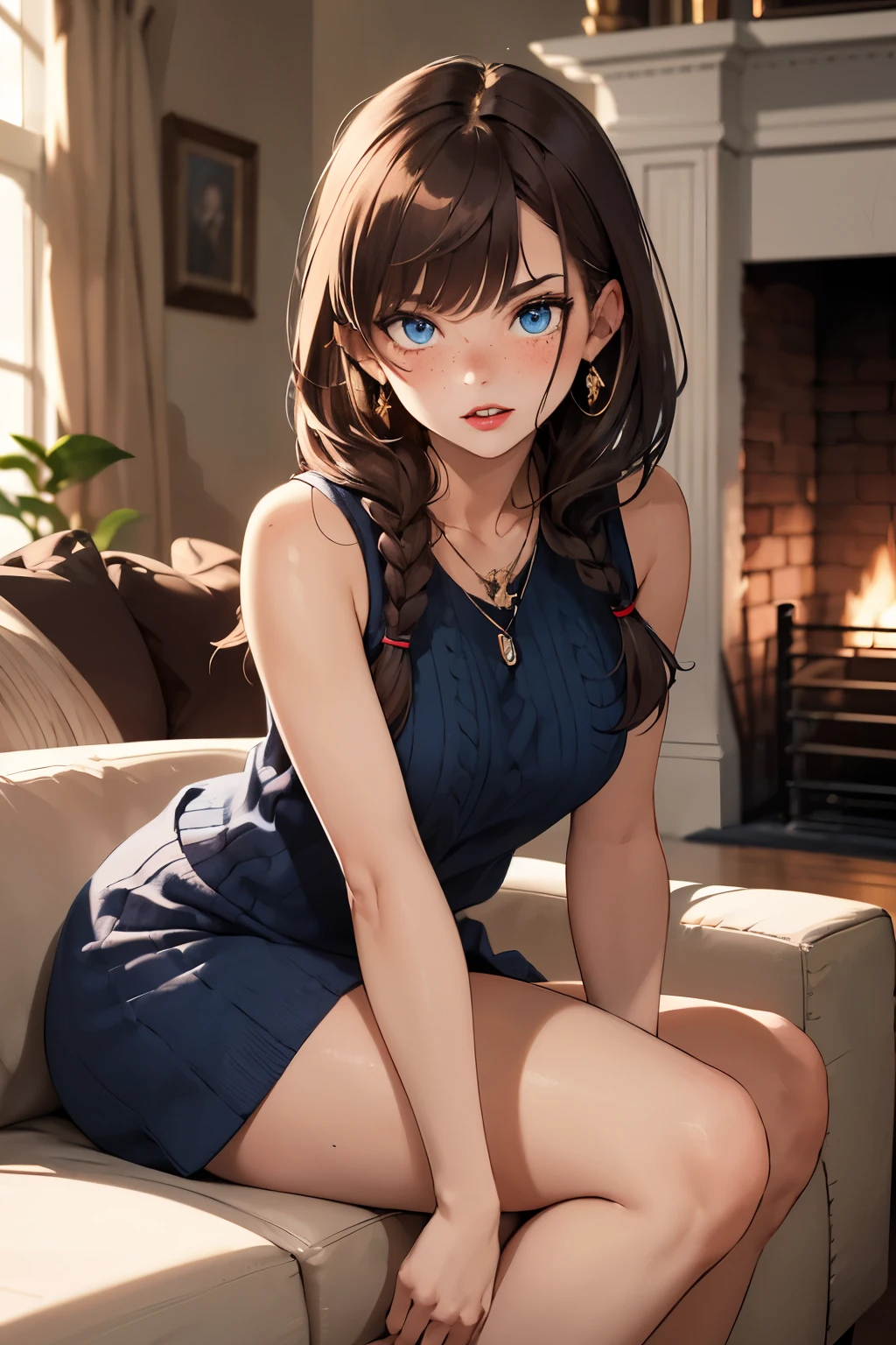 ((best quality)), ((masterpiece)), (detailed), Ridiculous resolution, high resolution, (masterpiece:1.4), Hyper-detailing, a woman. she is . auburn hair. She has bangs in her hair. Braids. red lips. she is blushing. she has freckles. (Ultra detailed blue eyes)). she is lying on a sofa by the fireplace. She is wearing a blue colored sleeveless woolen sweatshirt. she is wearing a wool ribbed mini skirt. necklace. full body shot. she is angry.