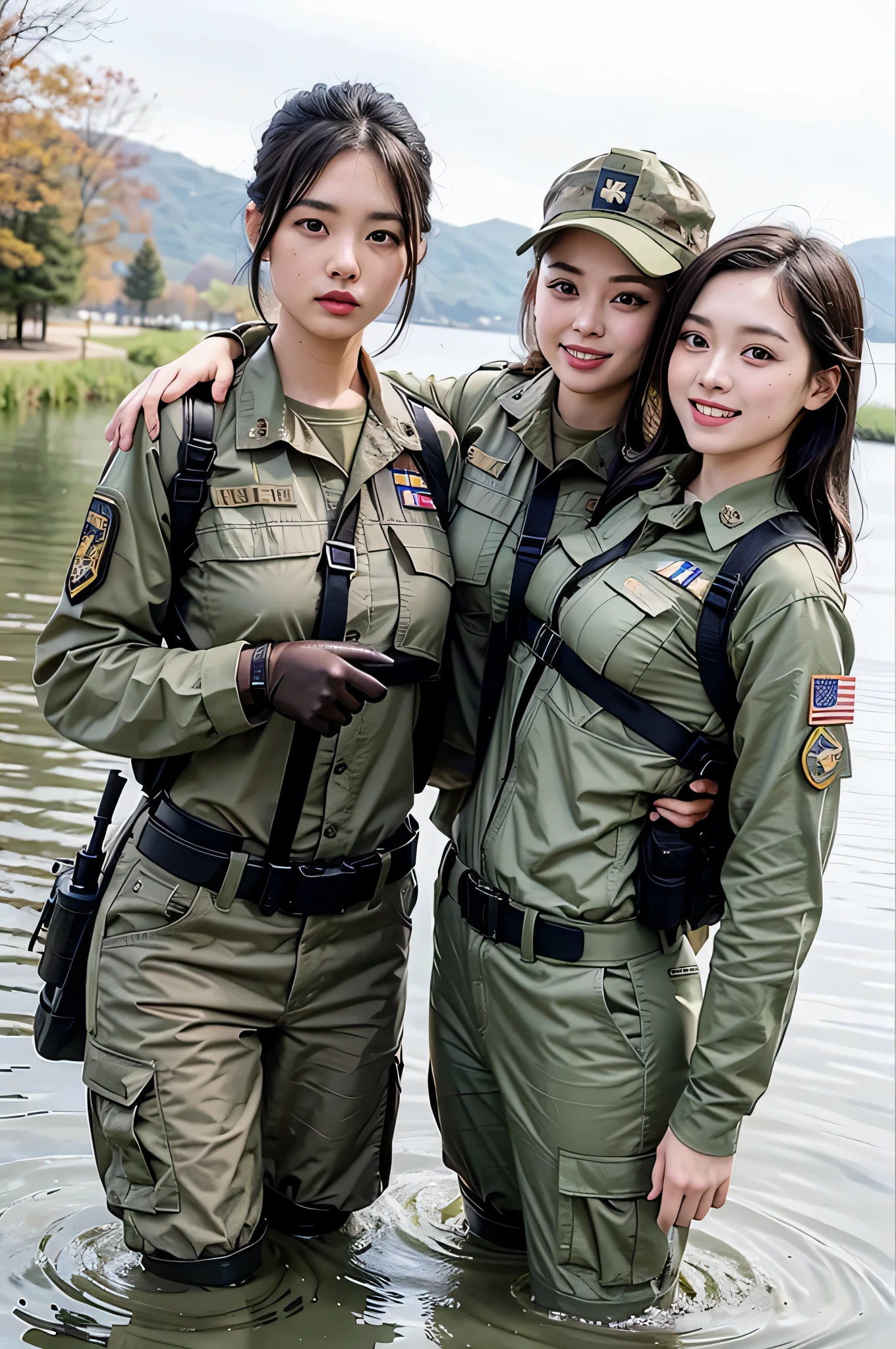 Two women in military uniforms standing in a body of water SeaArt AI