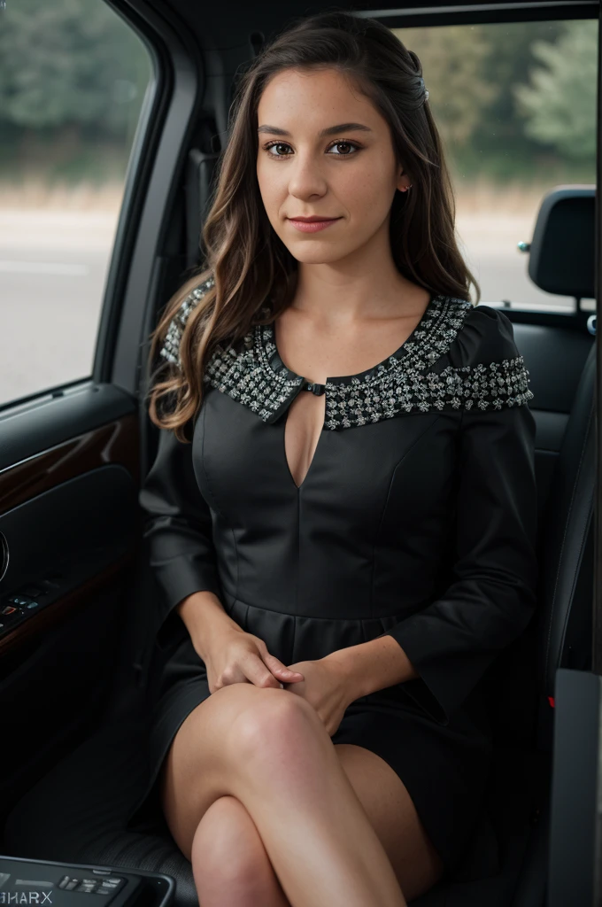 RAW-Foto von Rileemarks, portrait, selfie, im Auto schaut in Kamera, Kleid, kurz, (hochdetaillierte Haut:1.2), 8K UHD, DSLR, Sanfte Beleuchtung, Good quality, Filmkorn, Fujifilm XT3