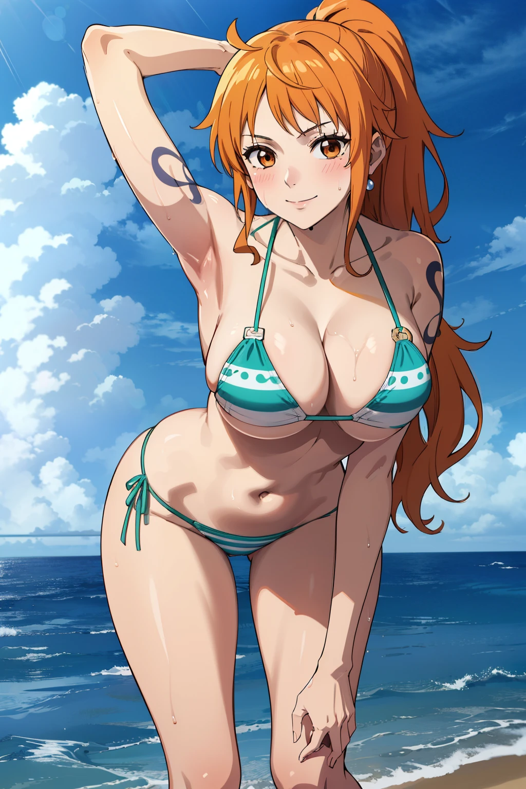 2d, masterpiece, best quality, anime, highly detailed face, highly detailed background, perfect lighting, wano, nami, 1girl, solo, long hair, looking at viewer, blush, smile, large breasts, navel, cleavage, jewelry, closed mouth, collarbone, swimsuit, ponytail, sidelocks, bikini, thighs, earrings, outdoors, sky, day, striped, cloud, armpits, water, stomach, orange hair, arm up, blue sky, wet, orange eyes, tattoo, leaning forward, underboob, ocean, striped bikini, green bikini, shoulder tattoo, hand on own thigh,
