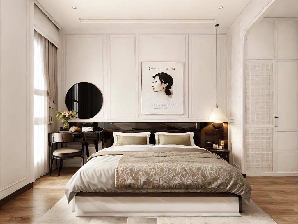 indochina bed room, indochina detail, glossy black funiture  indochina motif:1.2