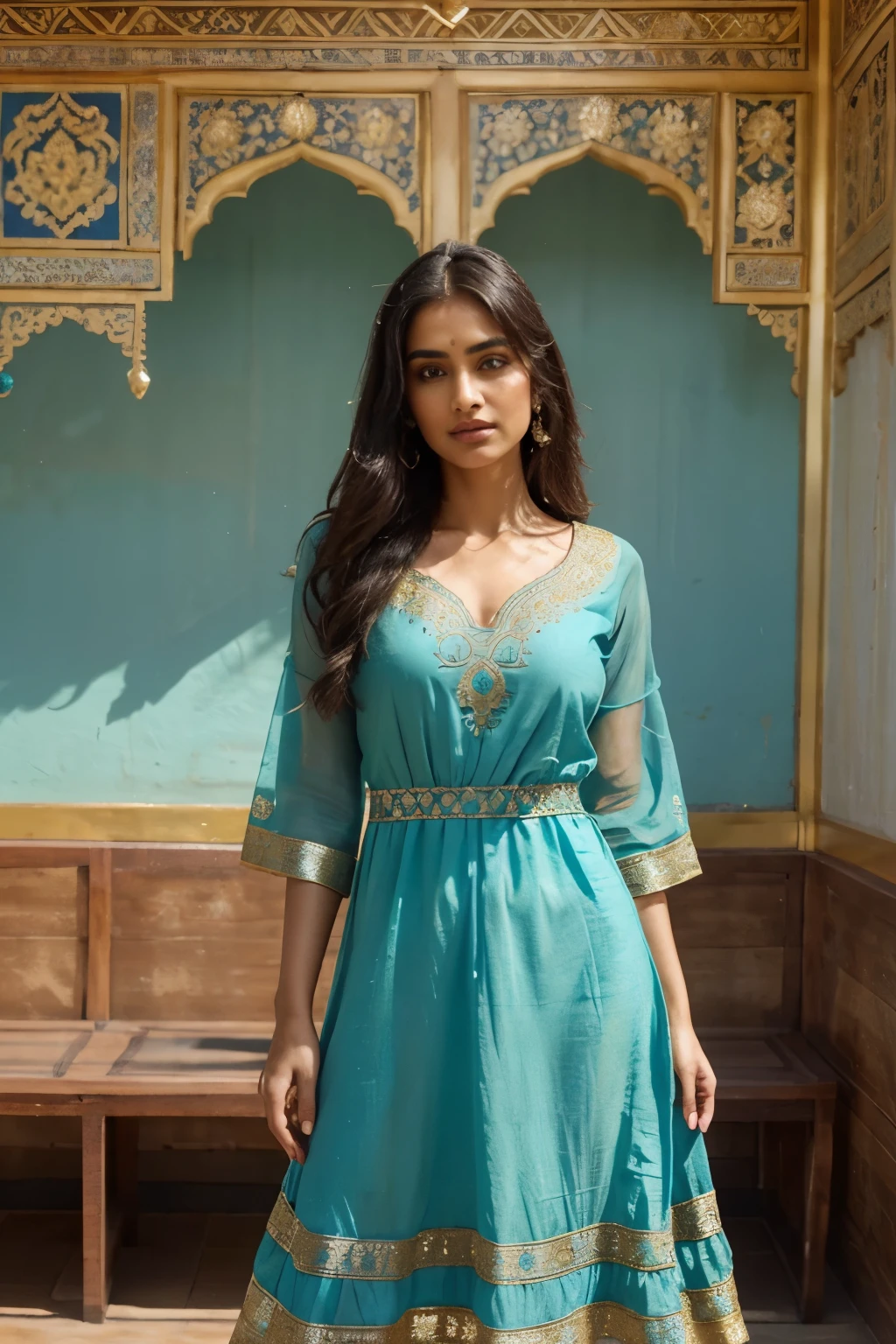 Create a mesmerizing Indian dress in a mystical turquoise or greenish-blue hue, evoking a sense of tranquility and allure. Embellish the dress with intricate golden designs inspired by traditional Indian patterns, incorporating elements such as paisleys, florals, or ornate embroidery. Pay careful attention to the synergy between the turquoise base and the golden embellishments to achieve a harmonious and elegant look. Experiment with the placement of golden details on the dress, ensuring they enhance the overall mystique and grace. Aim to craft a dress that radiates sophistication and captures the enchanting beauty of Indian aesthetics.