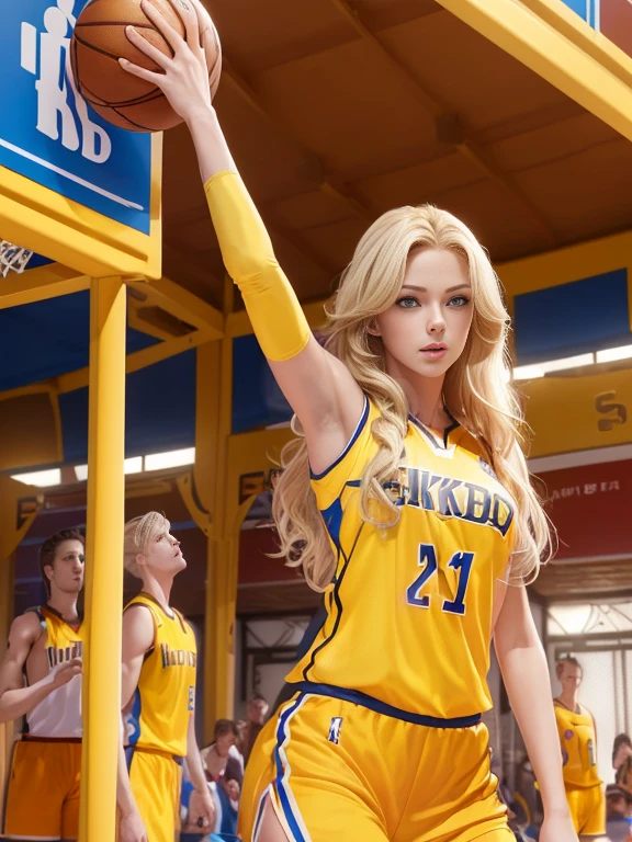 UHD 8K photorealistic image. Pretty girl, tall model body. basketball player (medium chest), (thin waist), (deep blue eyes). (Long and blond hair). ((sexy red and yellow basketball uniform)). (((in a pavilion competing with some friends full of people)))