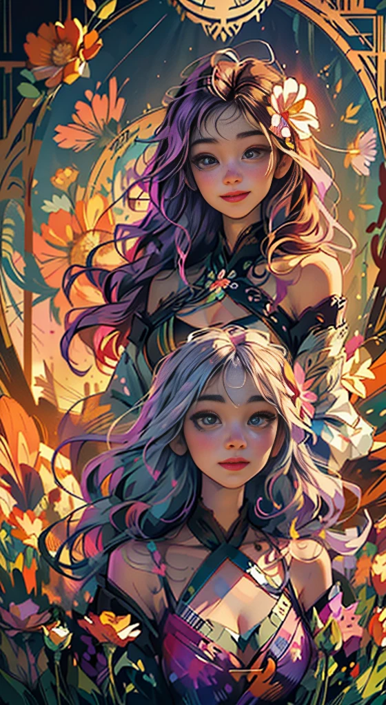 official art, unity 8k wallpaper, ultra detailed, beautiful and aesthetic, beautiful, masterpiece, best quality, (zentangle, mandala, tangle, entangle), (ecstasy of flower:1.2), dynamic angle, cowboyshot, the most beautiful form of chaos, elegant, a brutalist designed, vivid colours, romanticism, atmospheric, warm smile, bright eyes detailed eyes