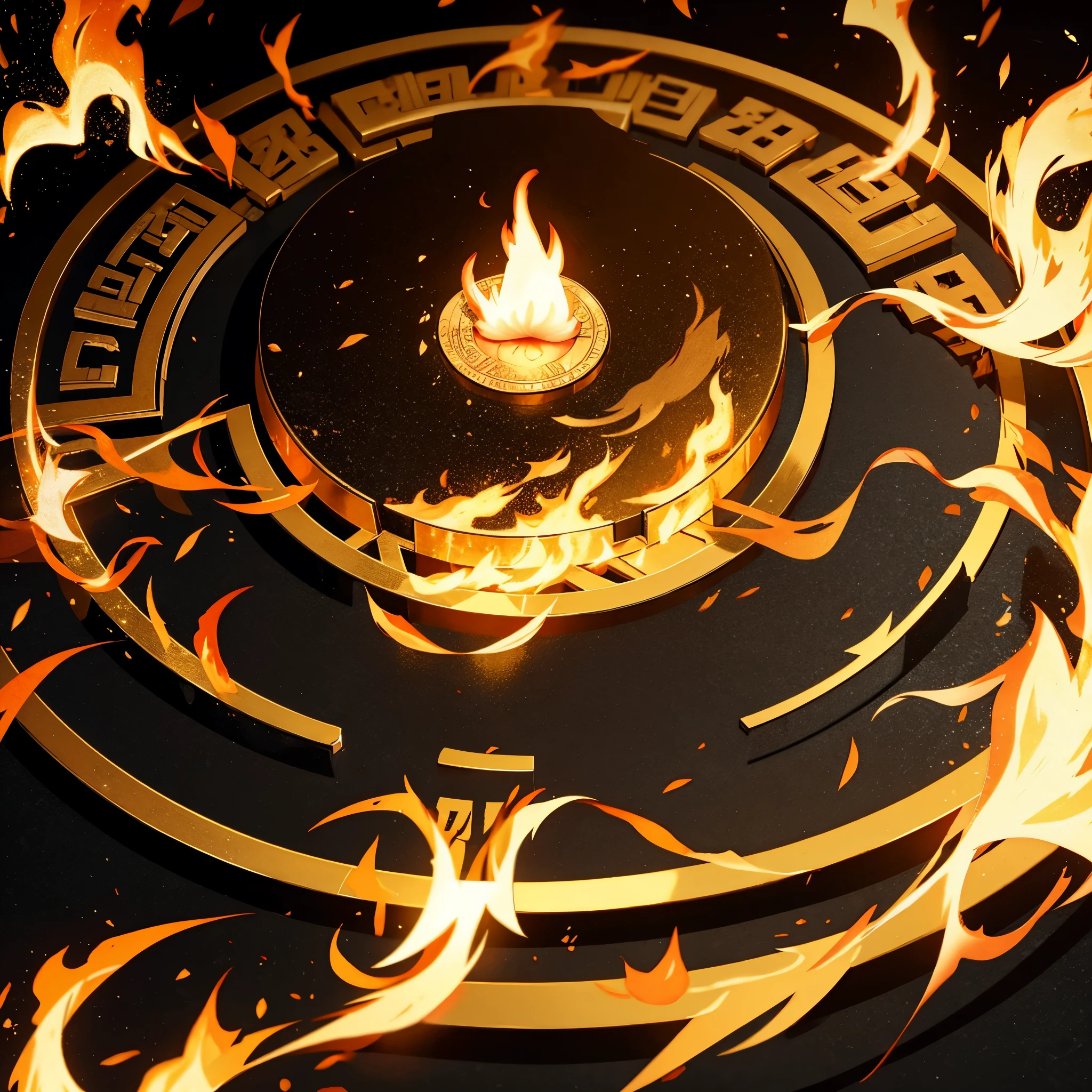 logo, a coin in the middle of the burning circle, the banknote emits a golden glow that mixes with the fire and everything on a black background