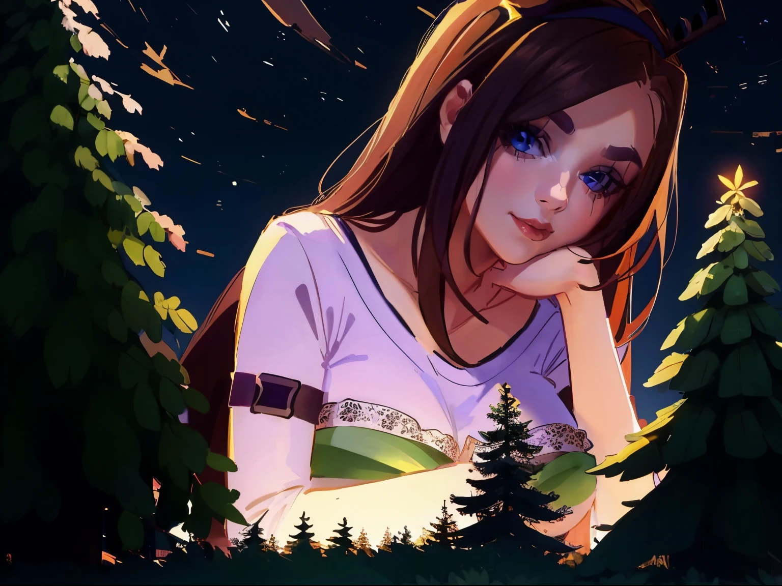 top-quality、Top image quality、​masterpiece, seductive, leaning towards viewer, huge breasts, multiple girls 5, teasing the viewer, SFW, Casual, Beautiful Night sky, Lewd Forest Background