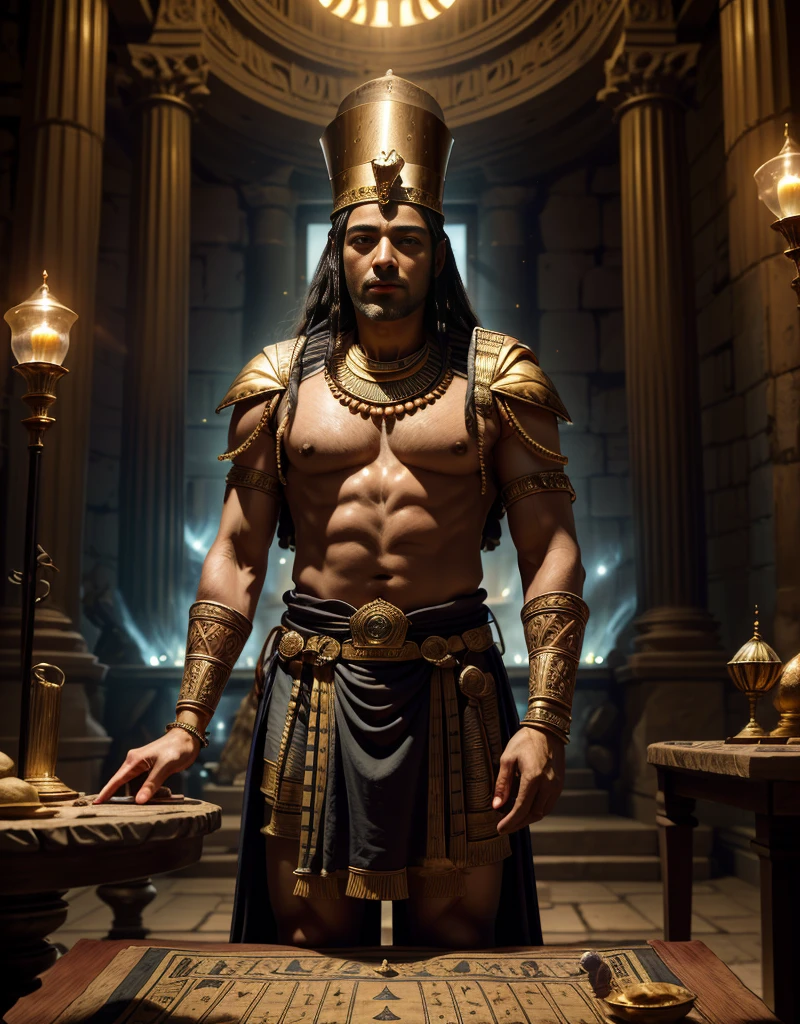 Masterpiece, Best quality, 2 men, 50 years old, last natural Pharaoh of Egypt, Nectanebo II, wearing the pschent, double crown of Egypt, famed magician and astrologist, standing beside a table showing battle field maps, large stone room, lit by Oil lamps, servant Mentor of Rhodes serves wine to Nectanebo II,