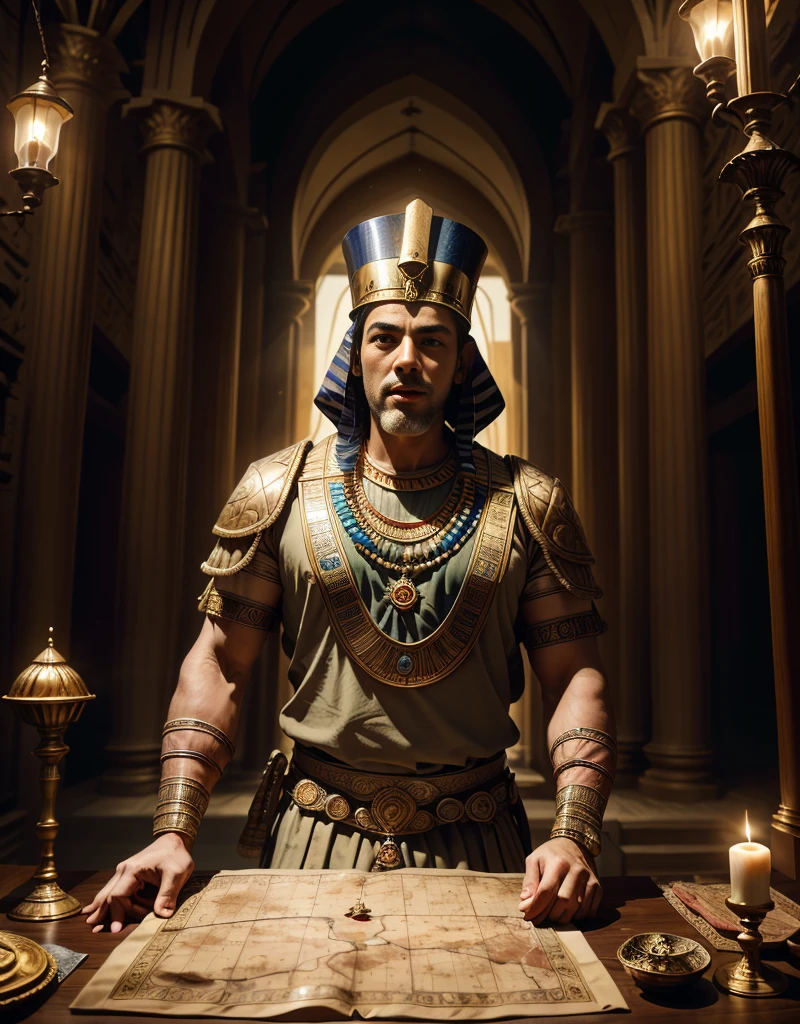 Masterpiece, Best quality, 2 men, 50 years old, last natural Pharaoh of Egypt, Nectanebo II, wearing the pschent, double crown of Egypt, famed magician and astrologist, standing beside a table showing battle field maps, large stone room, lit by Oil lamps, servant Mentor of Rhodes serves wine to Nectanebo II,