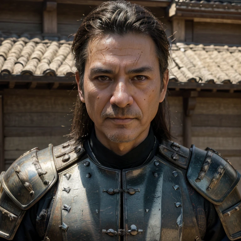 ((masterpiece, highest quality, hires, amazing detail, 8k, best quality, dynamic angle)), cinematic, portait, closeup shot of middle aged man / steve vai / wearing samurai armour (hires textures), scars, feudal japan background, kurosawa highest quality, vibrant colours, fantasy art