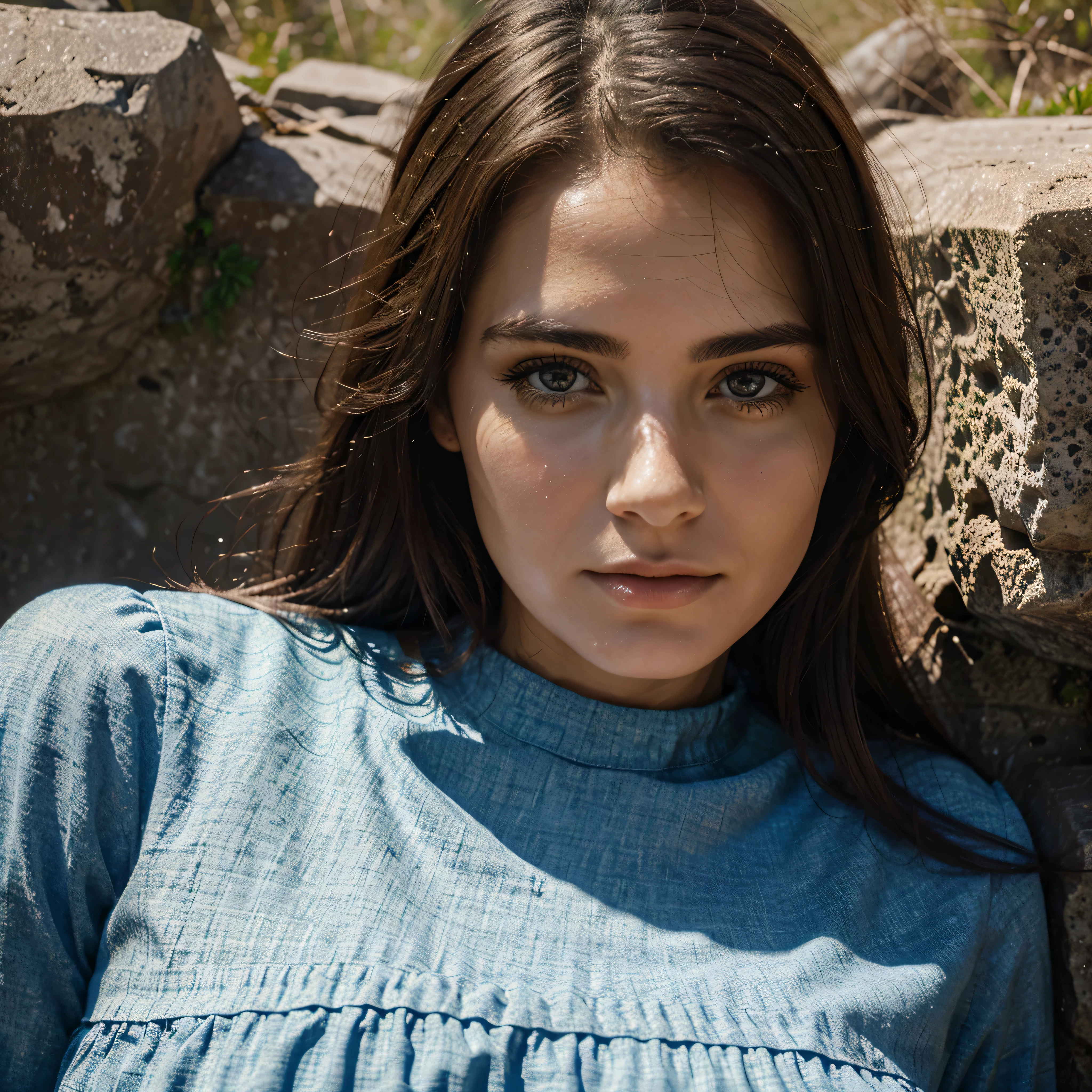 realistic woman sbeautiufl face, misterious, with dress, at mountain