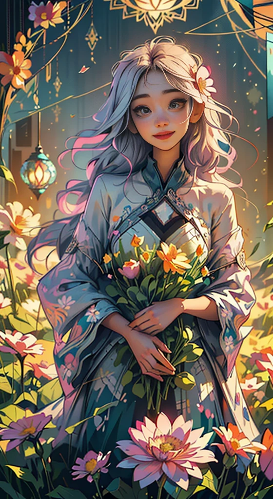 official art, unity 8k wallpaper, ultra detailed, beautiful and aesthetic, beautiful, masterpiece, best quality, (zentangle, mandala, tangle, entangle), (ecstasy of flower:1.2), dynamic angle, cowboyshot, the most beautiful form of chaos, elegant, a brutalist designed, vivid colours, romanticism, atmospheric, warm smile, bright eyes detailed eyes