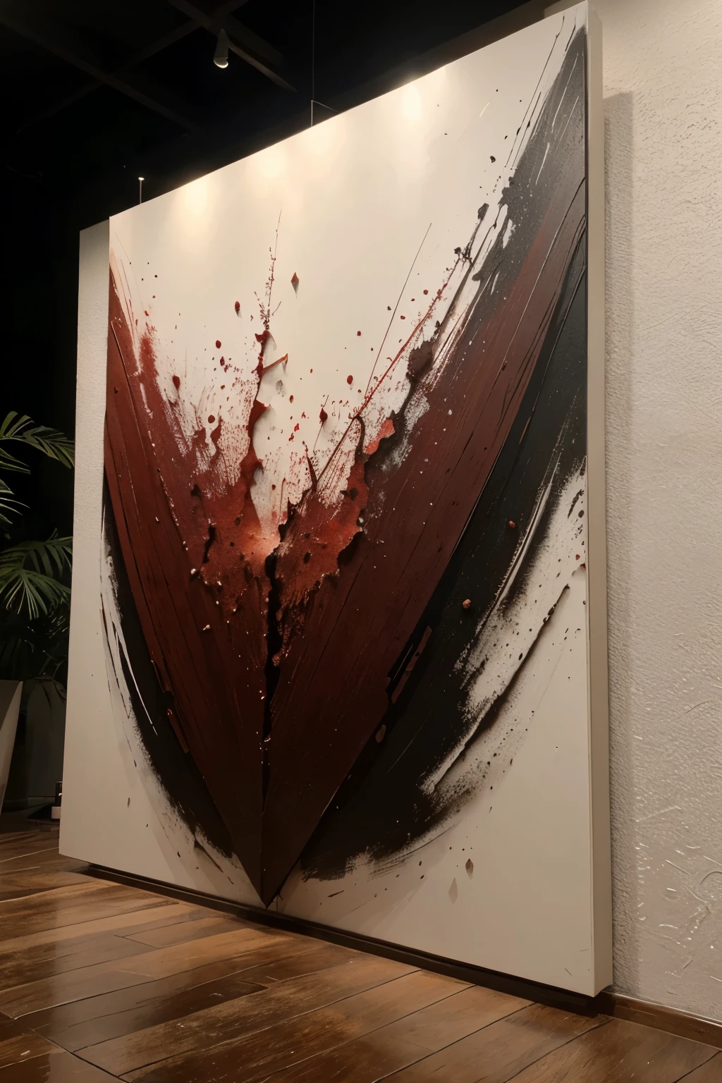 Dibuja una pintura abstracta de una sola flor.., hibiscus roja oscura、usar pintura acrilica、Abstract artist known for his unique use of acrylic pouring., pinceladas reales,Aesthetic composition,Estilo minimalista, poderoso, pinceladas anchas、passionate anger or passion、Crea obras de arte cautivadoras que capturen la esencia de la ira.、 El esquema de color principal de la obra es、、、、、、、Consta de intensos tonos rojos y negros., Add moist compacted sand、Enhance the texture and tactile elements of your artwork.。, Mientras miras esta imagen, fuera、Interaction of color and texture.、plunge into an atmosphere of anger。.....、guiado por sentimientos de ira