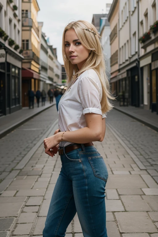 Full body, Blond lang_Haar, beautiful, Stadtmädchen, Dekollete, Western, Rock und Oberteil, Hot girl, Einkaufen in der Stadt, (Meisterwerk), best quality, high resolution, Extremely detailed, verschwommener Hintergrund, depth of field, filmische Beleuchtung, bloom, Realistisches Bild, echtes Foto