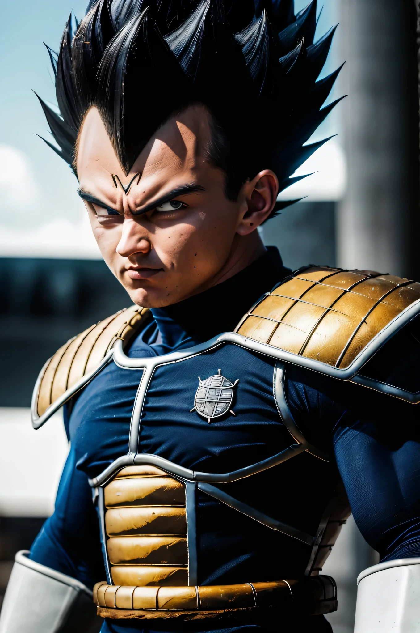 (high detailed skin:1.2), serious, looking at viewer, black spiked hair, black eyes, armor, white gloves, RAW photo, vegeta, 1boy, small details, photorealistic, ultra-realistic photo, 8k uhd, dslr, soft lighting, high quality, film grain, ((masterpiece)), 8k, HDR, highly detailed, professional