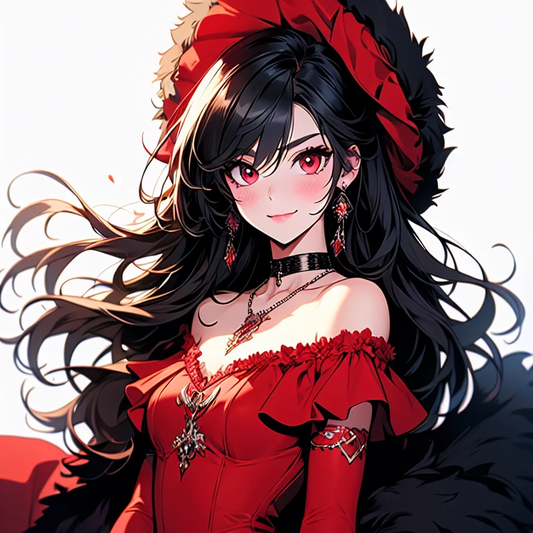(best quality), ((masterpiece)), (highres), illustration, original, extremely detailed,1girl, gloves, elbow gloves, solo, red eyes, black hair, white gloves, bonnet, white background, dress, long hair, fur trim, v-shaped eyebrows, smile, fang, simple background, hair between eyes, blush, closed mouth, looking at viewer, fur-trimmed gloves, bangs, choker, red dress, black choker, hand up, chain, breasts, fang out, small breasts, collarbone, cloak