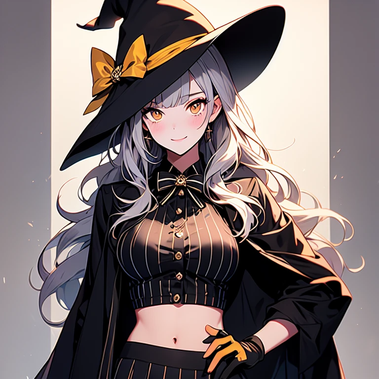 (best quality), ((masterpiece)), (highres), illustration, original, extremely detailed,1girl, solo, murasaki shion, navel, long hair, witch hat, hat, virtual youtuber, striped shirt, single side bun, midriff, hair bun, striped, gloves, vertical-striped shirt, bangs, looking at viewer, long sleeves, shirt, grey hair, smile, blunt bangs, cropped shirt, pinstripe pattern, vertical stripes, pinstripe shirt, capelet, simple background, stomach, black gloves, white background, black headwear, blush, hand on hip, smug, yellow eyes, hairband, single hair bun, crop top, black skirt, closed mouth, black capelet, skirt, hair ornament, breasts, bow, upper body, bowtie