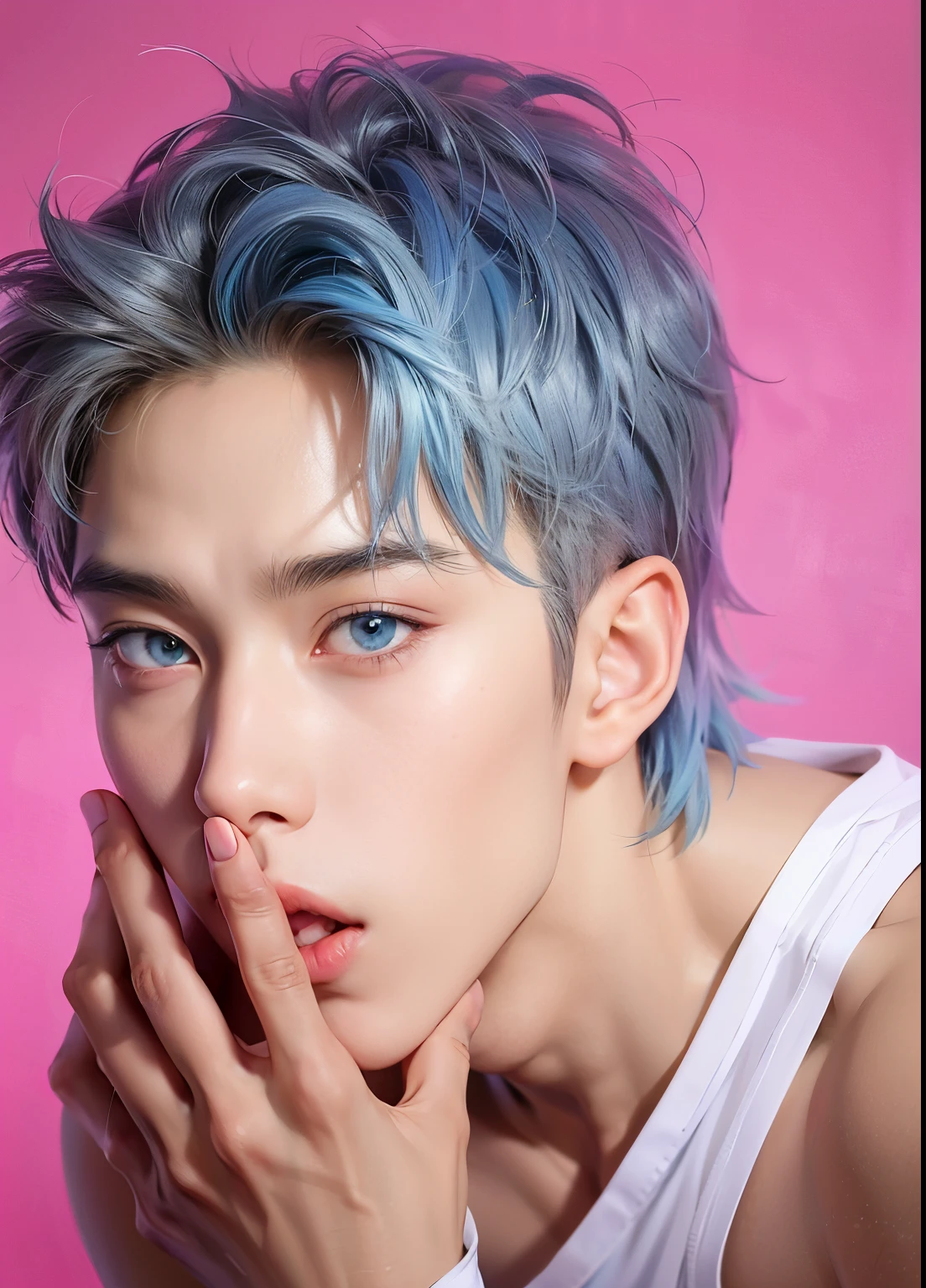arafed male with blue hair and a white tank top, cai xukun, inspired by Yanjun Cheng, yanjun chengt, jung jaehyun, he has dark grey hairs, hyung tae, portrait of kpop idol, interesting skin coloring, inspired by jeonseok lee, smooth skin, hyunjin, hyunjin straykids, hwuang hyunjin, korean male face, korean beauty, korean boy ulzzang, korean boy,