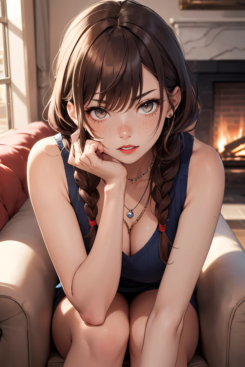 ((best quality)), ((masterpiece)), (detailed), Ridiculous resolution, high resolution, (masterpiece:1.4), Hyper-detailing, a woman. she is . auburn hair. She has bangs in her hair. Braids. red lips. she is blushing. she has freckles. (Ultra detailed brown eyes)). she is lying on a sofa by the fireplace. She is wearing a blue colored sleeveless woolen sweatshirt. she is wearing a wool ribbed mini skirt. necklace. full body shot. she is angry.