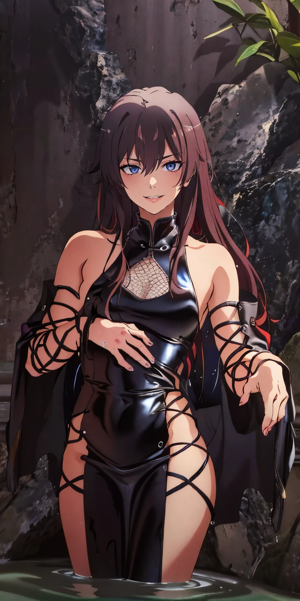 yukinoshita yukino, natomically correct, best quality, masterpiece, high quality, high details, highres, HD, (shaded face:1.2), hollow eyes, purple eyes, looking at viewer, heavy breathing, smirk, upper teeth, black hair, long hair, latex dress, sideless outfit, arm guards, latex thighihighs, fishnets, cross-laced clothes, sweating, wet, a woman is standing in the water, a character portrait, pixiv contest winner, anime portrait of a handsome girl, official fanart behance hd, wearing a grey robe, chinese painting style