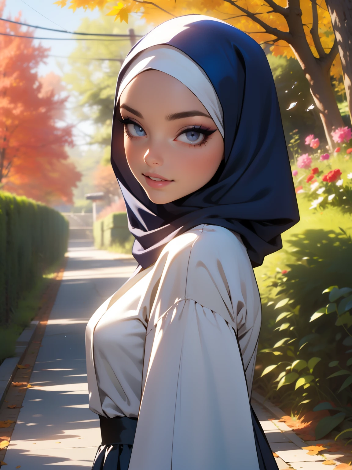 3dmm style, Masterpiece, realistic, best quality, best lighting, beautiful mature Czech woman, 1 girl photo solo, beautifully makeup, eyeshadow, Parted Lips, Detailed Eyes, beautiful big eyes, long eye lashes, dimples on the cheeks, smile, wearing ((Dark blue satin hijab)), loosely tide hijab style, ((gray satin shirt and satin long skirt)), (Half-body portrait), Front view, Symmetric Centre, facing the viewer, walking on trails autumn garden.