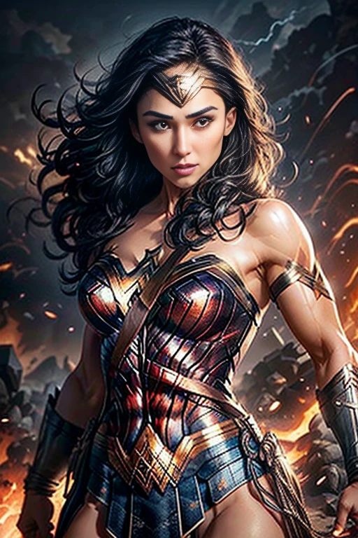 masterpiece, best quality, best illustration, HDR, beautiful details, intricate details, detailed scenery, dramatic light, best shadow, front view, (close up), wonder woman in a total black and gold uniform, battle scene, dark athomosphere , explosions, sparks hitting her body an face, 