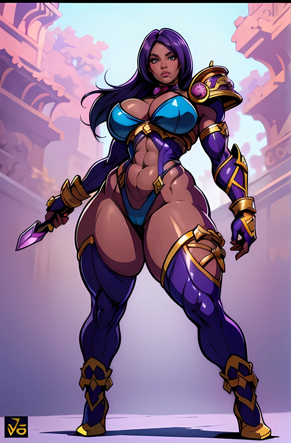 Nicki Minaj cosplaying as (Ivy from Soul Calibur), ((dark skin)), looking at viewer, busty figure, (thick thighs) (medium breasts) well-defined legs, (chubby physique), frontal, full-length, looking at the camera, facing the audience, dynamic pose, background, three-dimensional light, sleek digital concept art, beautiful full body concept art, art trend, CGsociety full-length, view from below