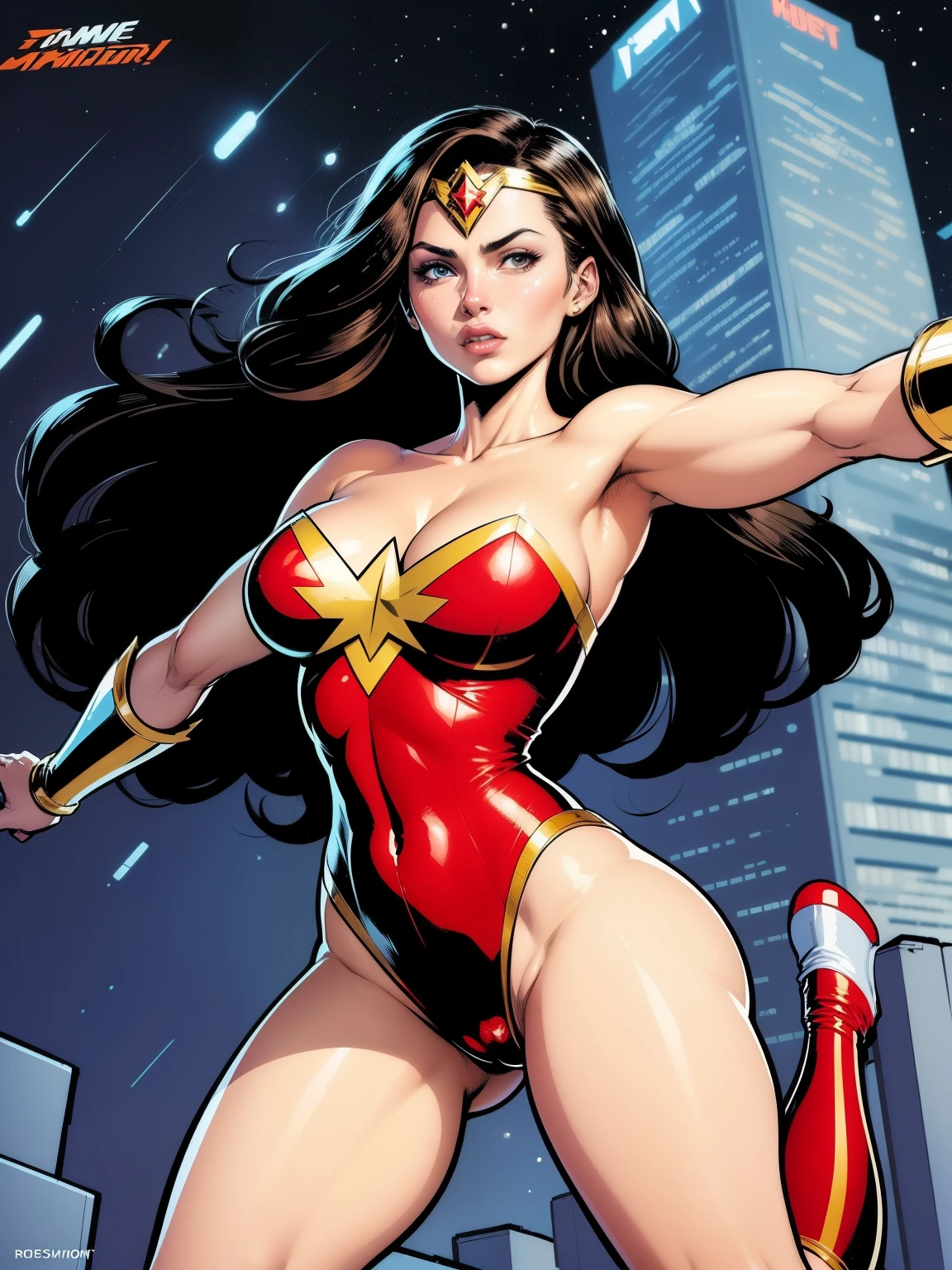 (((A comic style, cartoon art))). A comic book-style image of Wonder Woman, with her as the central figure. She's on the move, leaping from one building to another, her hands holding the lasso of truth. She wears a red, blue and gold outfit, with a white star on her chest and a golden tiara on her forehead. ((Hot Body, sexy, sensual, camel toes)). She has long, straight dark hair, blue eyes and serious lips. She is surrounded by a night city, with skyscrapers, bridges and lights. She has a determined and vigilant expression, as if she is ready to fight crime.