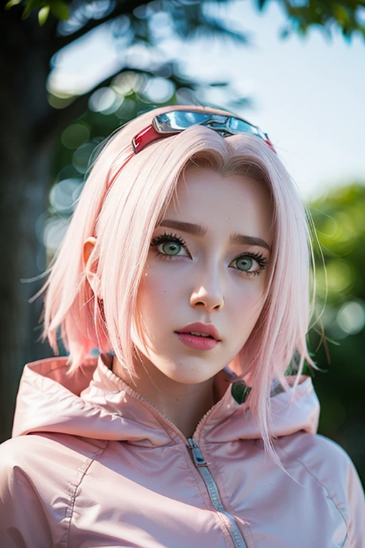 young woman, white skin, long bubblegum pink hair, wide forehead, pink eyebrows, big emerald green eyes, upturned nose, full lips, heart shaped face, hooded jacket, high detail, sharp focus, Sakura Haruno, realistic, realism , 3d